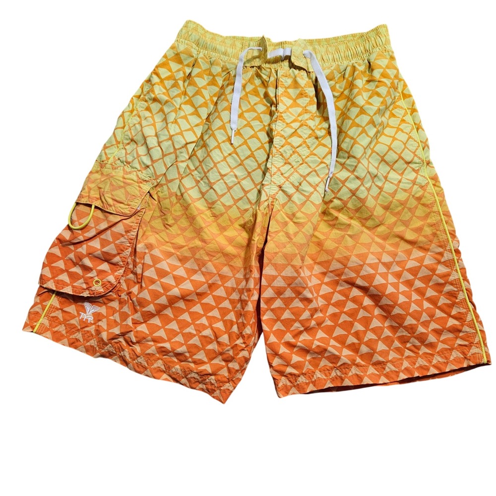 TYR Mens Small Orange Yellow Gradient Geometric Triangle Board Shorts Swim Trunk